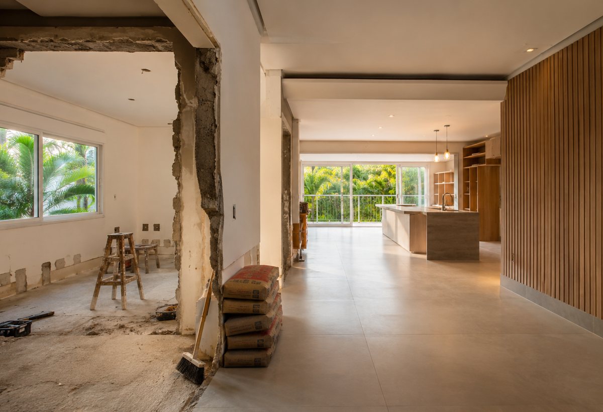 Reforma residencial em andamento com acabamento moderno